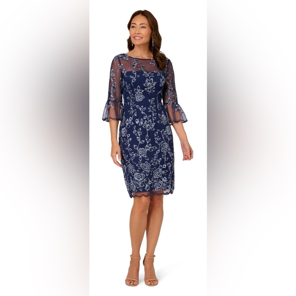 Adrianna Papell Embroidered Bell Sleeve Dress Navy Blue NWOT Women’s Size 10
